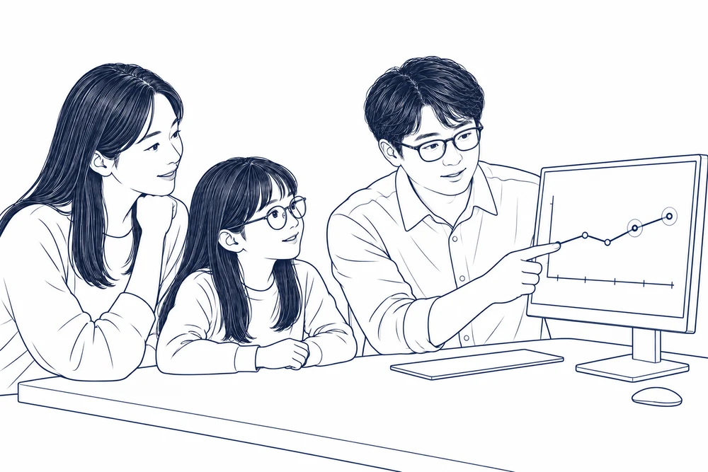 定期確認後、代表の眼鏡士がお子さまと保護者に検査記録の変化をグラフで説明する場面